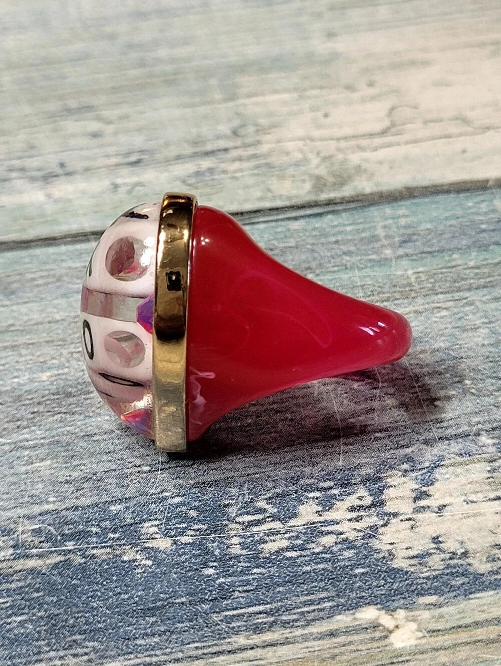 Betsey Johnson Heart Charm Ring with Pink Check Pattern XO Dice